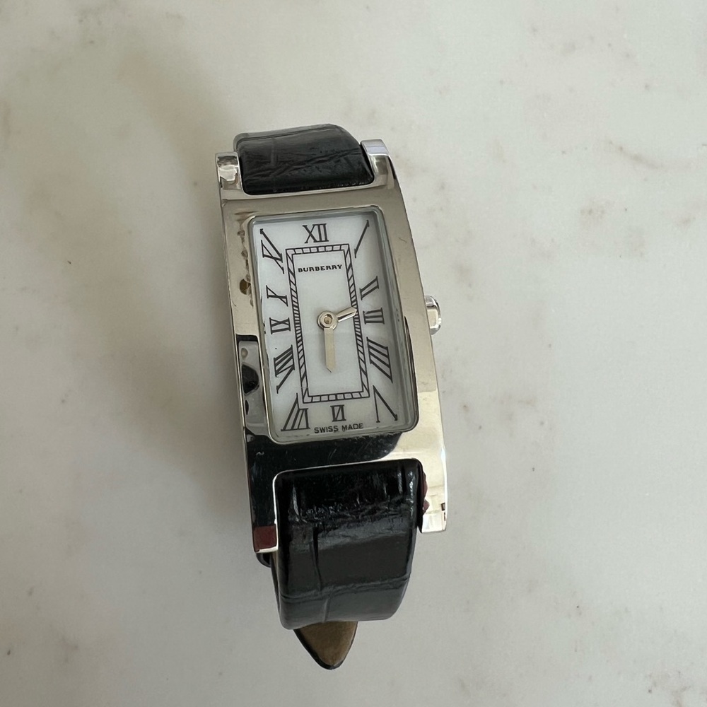 Burberry Silver and Black Rectangular Watch
